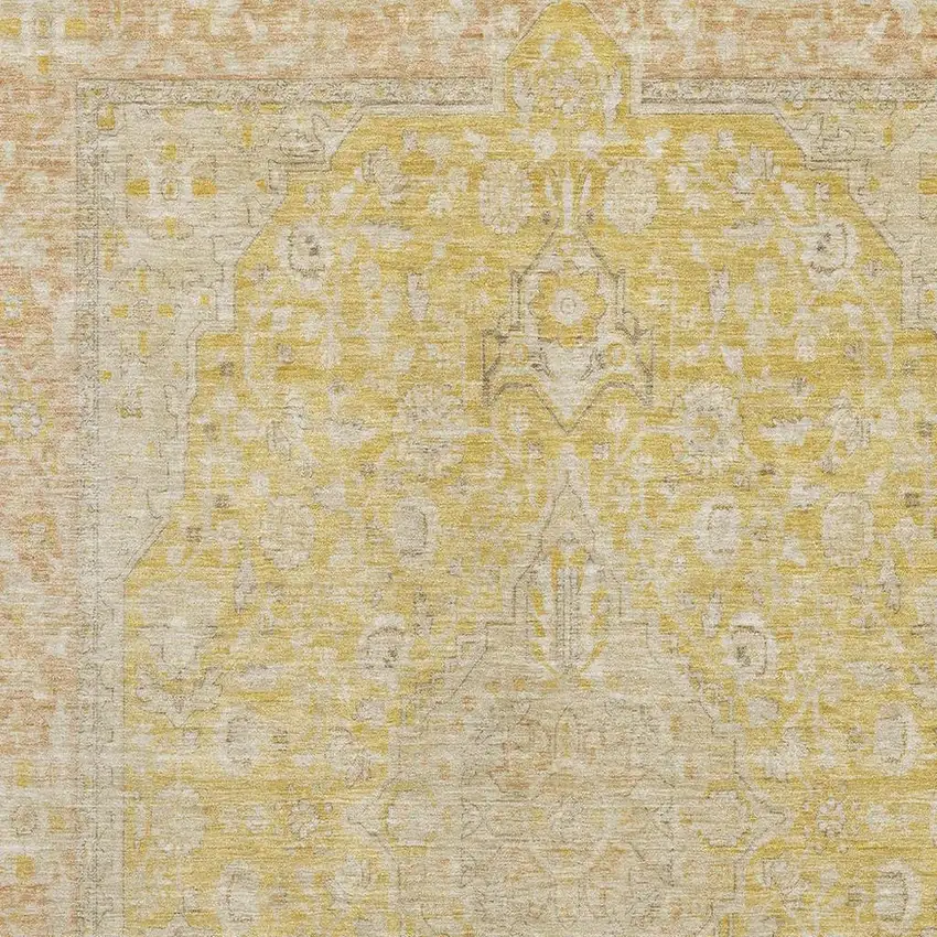 Wheat Gold And Gray Floral Medallion Washable Area Rug With UV Protection Photo 2