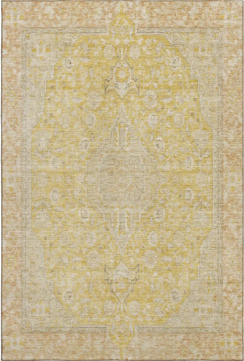 Wheat Gold And Gray Floral Medallion Washable Area Rug With UV Protection Photo 1