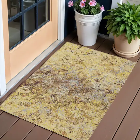 Wheat Gold And Gray Geometric Washable Indoor Outdoor Area Rug Photo 1