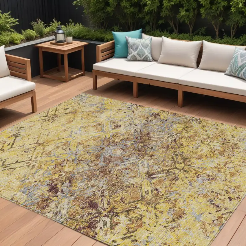 Wheat Gold And Gray Geometric Washable Indoor Outdoor Area Rug Photo 1