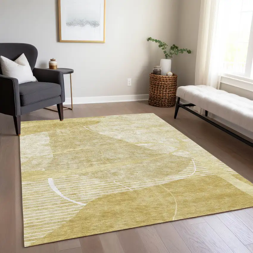 Wheat Gold And Ivory Abstract Washable Indoor Outdoor Area Rug Photo 9