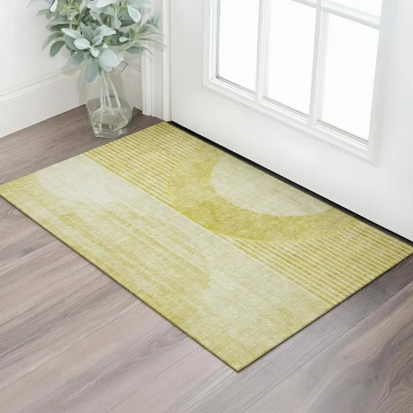 Wheat Gold And Ivory Geometric Washable Area Rug With UV Protection Photo 1
