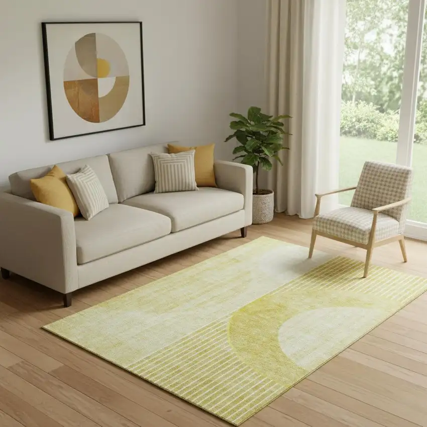 Wheat Gold And Ivory Geometric Washable Area Rug With UV Protection Photo 3