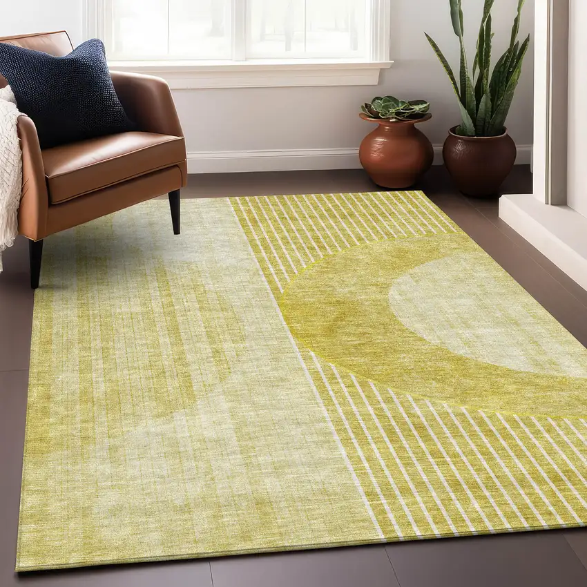 Wheat Gold And Ivory Geometric Washable Area Rug With UV Protection Photo 3