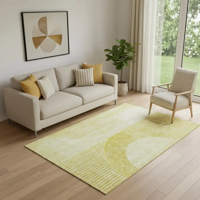 Wheat Gold And Ivory Geometric Washable Area Rug With UV Protection Photo 1