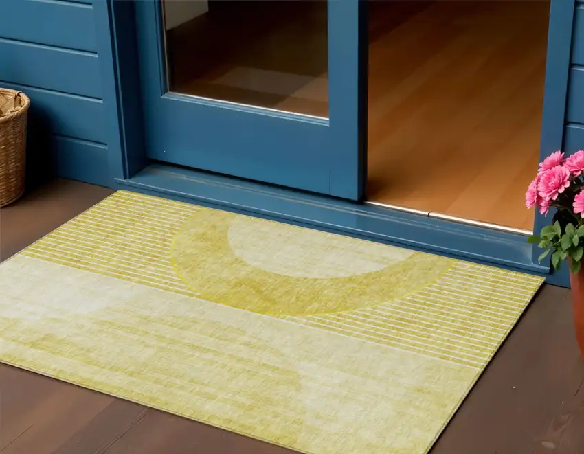 Wheat Gold And Ivory Geometric Washable Indoor Outdoor Area Rug Photo 1