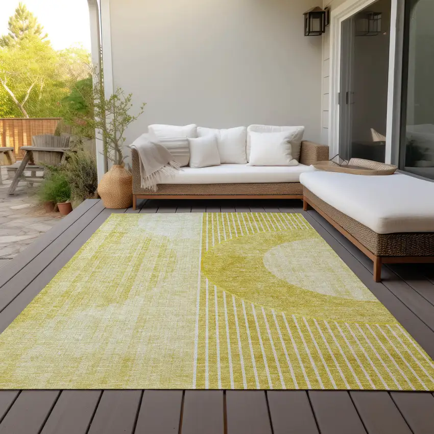 Wheat Gold And Ivory Geometric Washable Indoor Outdoor Area Rug Photo 9