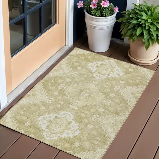 Wheat Gold And Ivory Medallion Washable Indoor Outdoor Area Rug Photo 1