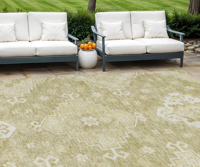 Wheat Gold And Ivory Medallion Washable Indoor Outdoor Area Rug Photo 1