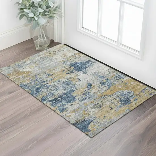 Wheat Gold And Linen Striped Washable Area Rug With UV Protection Photo 2