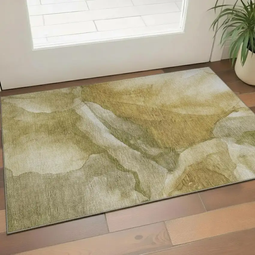 Wheat Gray And Beige Abstract Washable Area Rug With UV Protection Photo 2