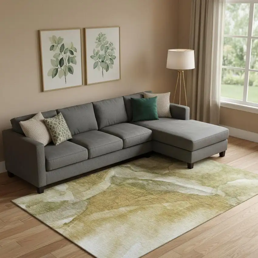 Wheat Gray And Beige Abstract Washable Area Rug With UV Protection Photo 2