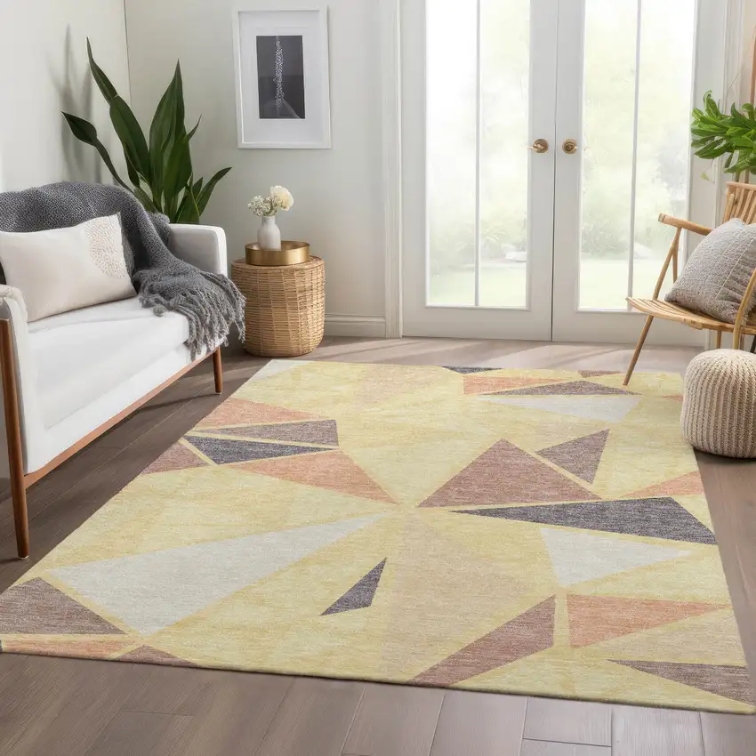 Wheat Gray And Copper Geometric Washable Area Rug With UV Protection Photo 5