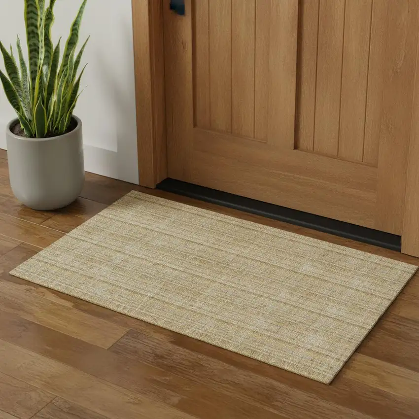 Wheat Gray And Gold Striped Washable Area Rug With UV Protection Photo 1