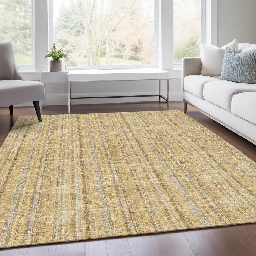 Wheat Gray And Gold Striped Washable Area Rug With UV Protection Photo 1