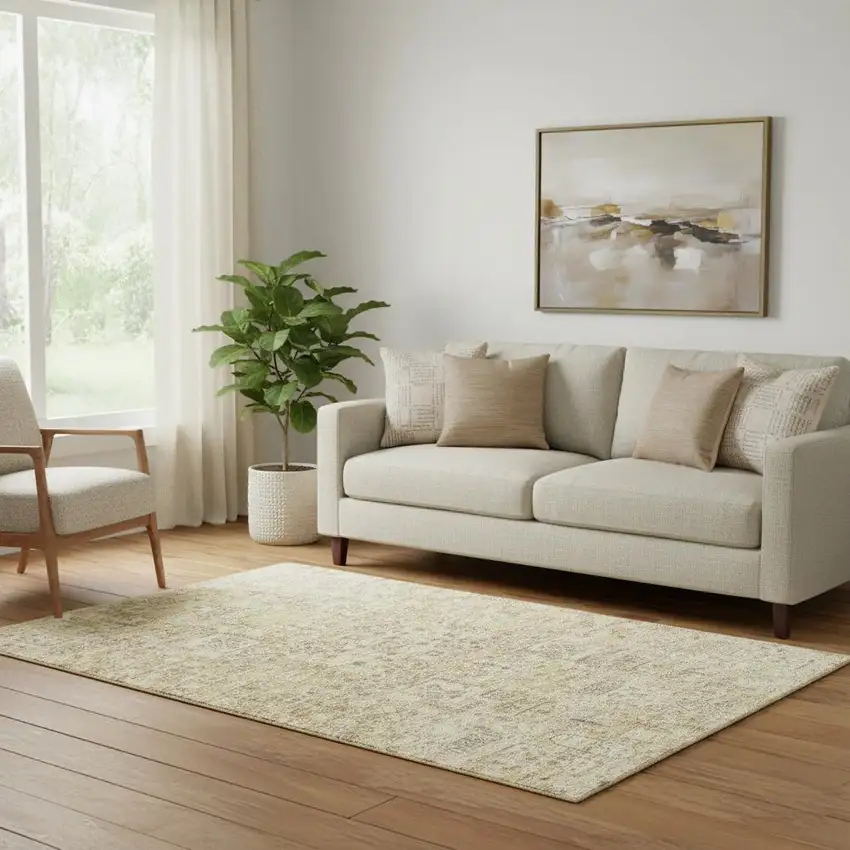 Wheat Gray And Ivory Floral Washable Area Rug With UV Protection Photo 1