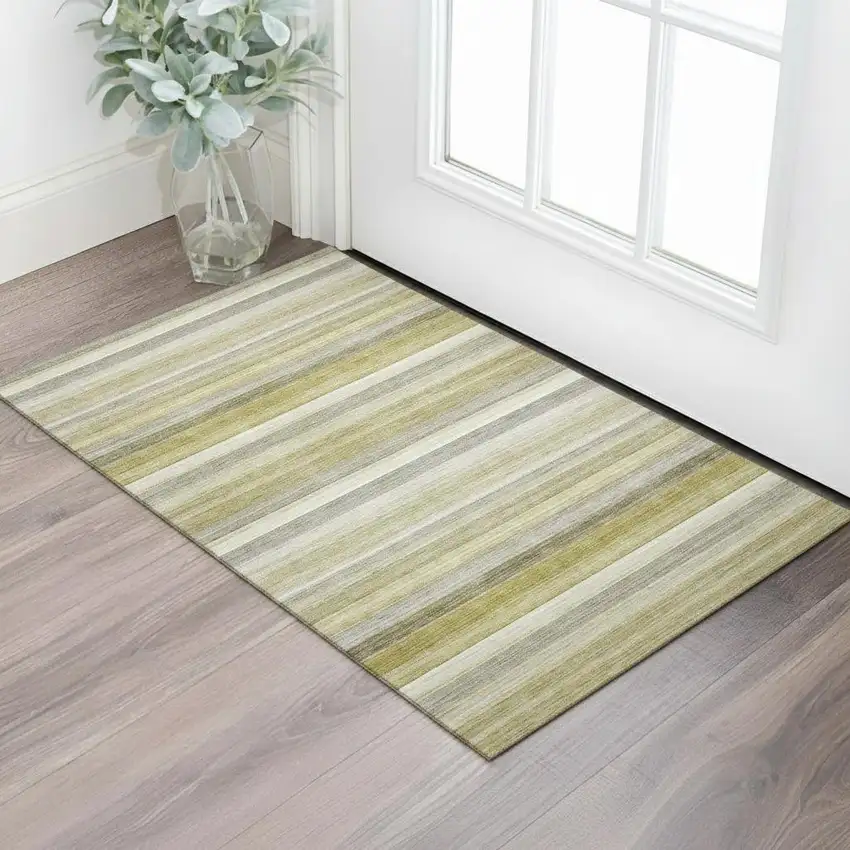 Wheat Gray And Ivory Striped Washable Area Rug With UV Protection Photo 1