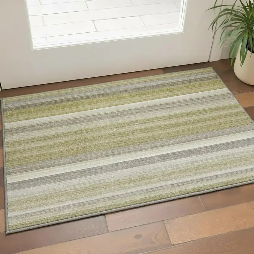 Wheat Gray And Ivory Striped Washable Area Rug With UV Protection Photo 2