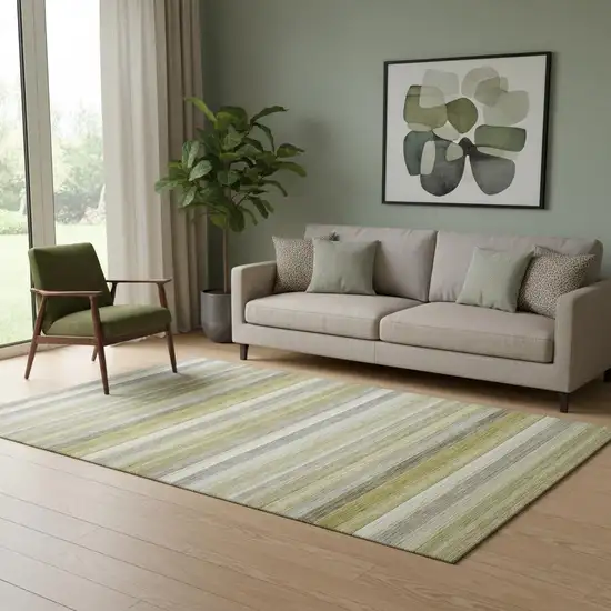 Wheat Gray And Ivory Striped Washable Area Rug With UV Protection Photo 1