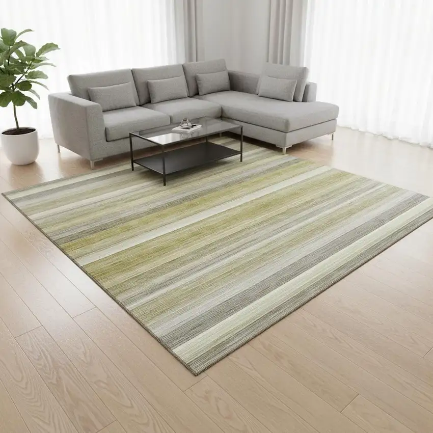 Wheat Gray And Ivory Striped Washable Area Rug With UV Protection Photo 2