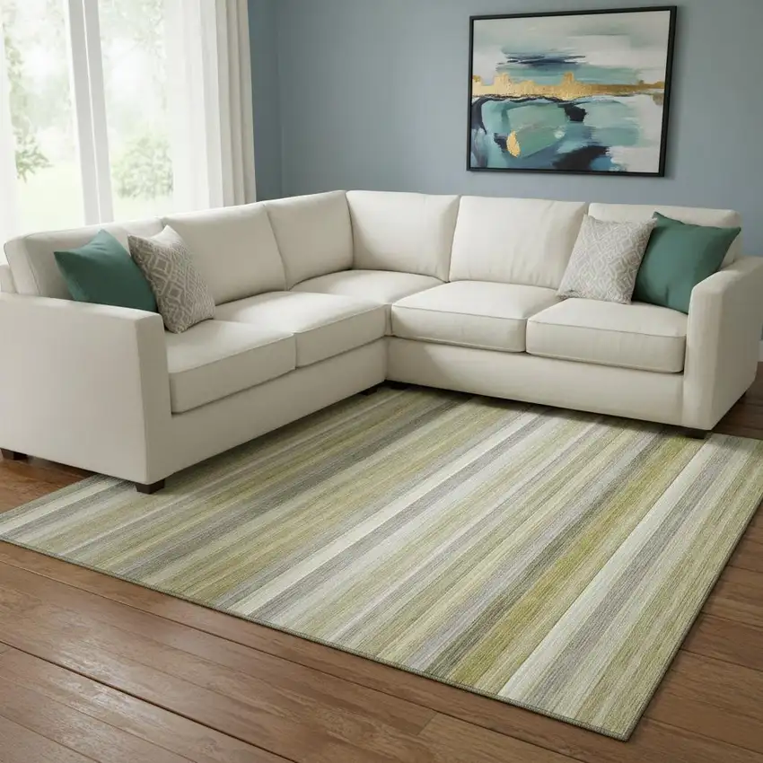 Wheat Gray And Ivory Striped Washable Area Rug With UV Protection Photo 1