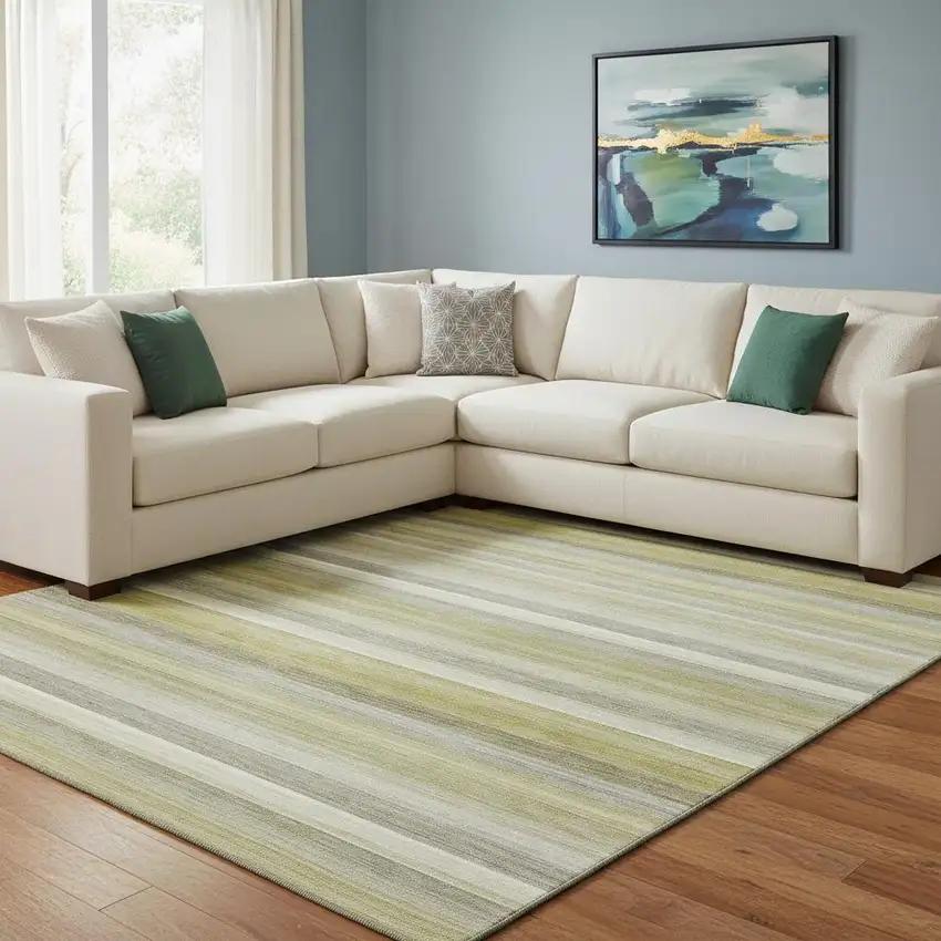 Wheat Gray And Ivory Striped Washable Area Rug With UV Protection Photo 1