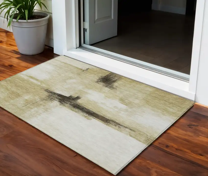 Wheat Green And Black Abstract Washable Indoor Outdoor Area Rug Photo 1