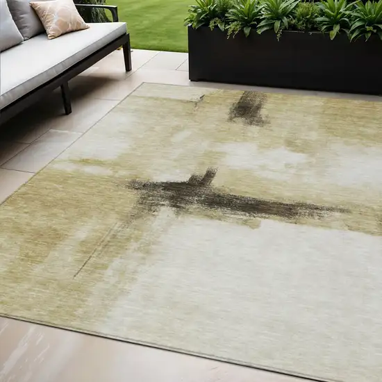 Wheat Green And Black Abstract Washable Indoor Outdoor Area Rug Photo 1