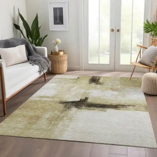 Wheat Green And Black Abstract Washable Indoor Outdoor Area Rug Photo 9