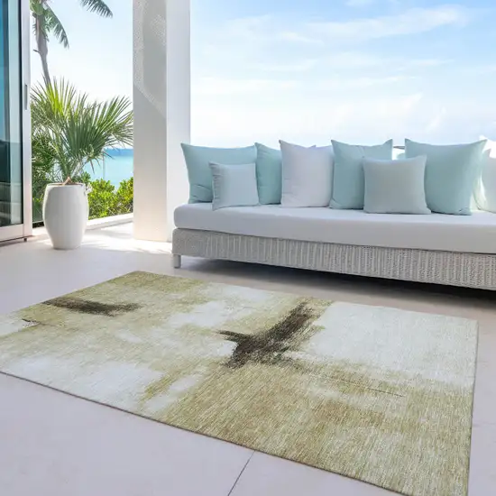 Wheat Green And Black Abstract Washable Indoor Outdoor Area Rug Photo 7