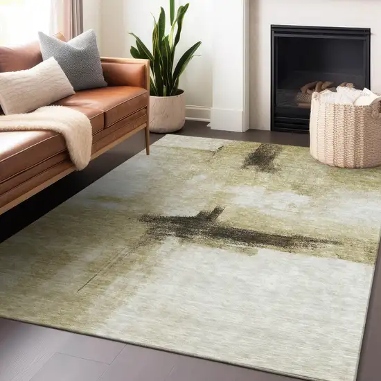 Wheat Green And Black Abstract Washable Indoor Outdoor Area Rug Photo 8