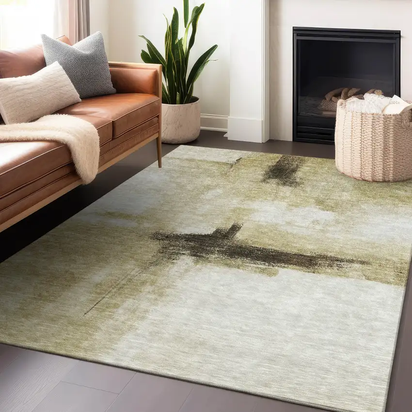 Wheat Green And Black Abstract Washable Indoor Outdoor Area Rug Photo 8