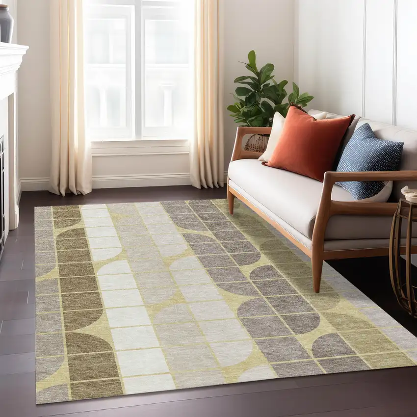Wheat Ivory And Brown Geometric Washable Indoor Outdoor Area Rug Photo 6