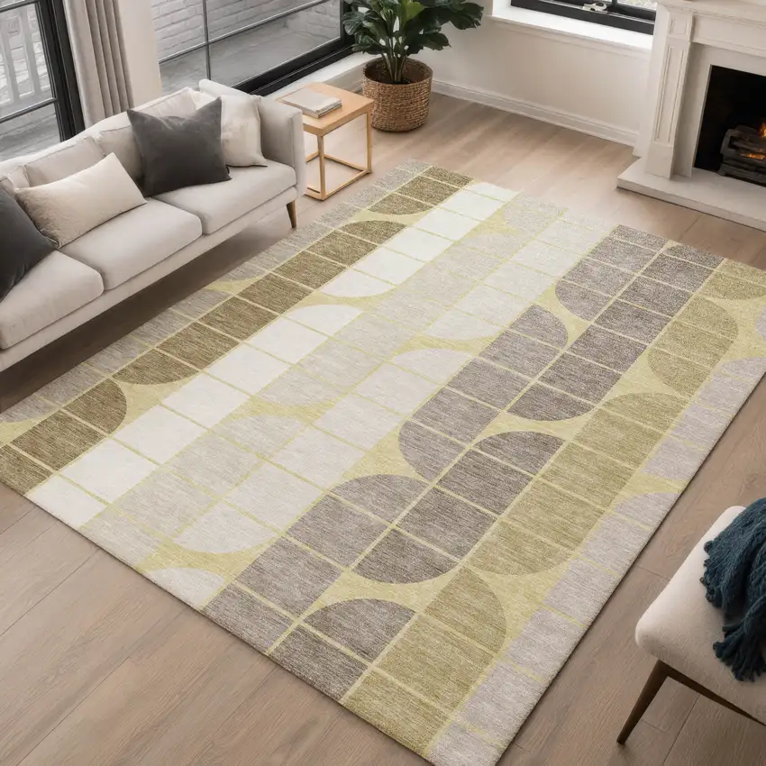 Wheat Ivory And Brown Geometric Washable Indoor Outdoor Area Rug Photo 5