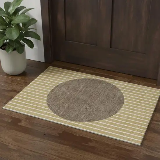 Wheat Ivory And Brown Striped Washable Area Rug With UV Protection Photo 1