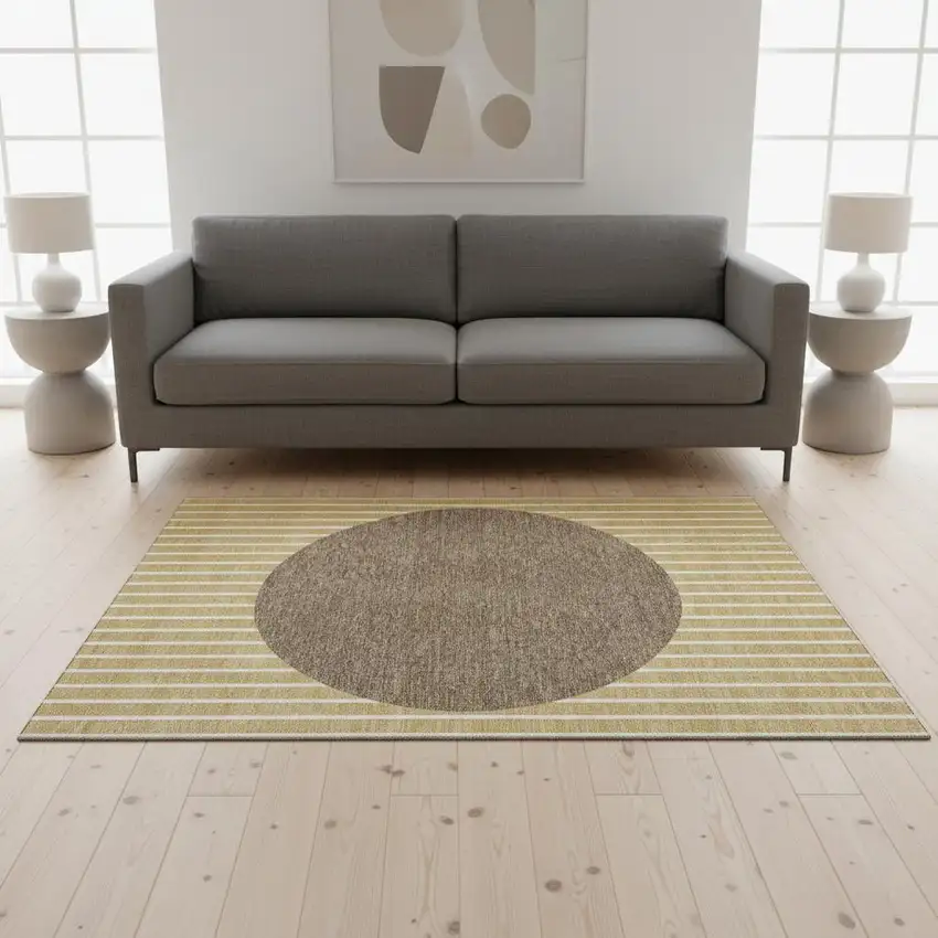 Wheat Ivory And Brown Striped Washable Area Rug With UV Protection Photo 2