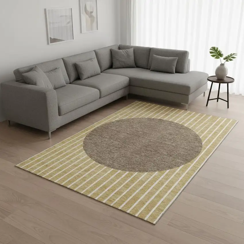 Wheat Ivory And Brown Striped Washable Area Rug With UV Protection Photo 2