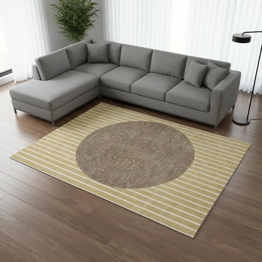 Wheat Ivory And Brown Striped Washable Area Rug With UV Protection Photo 2