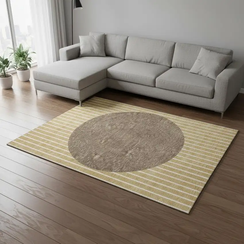 Wheat Ivory And Brown Striped Washable Area Rug With UV Protection Photo 2