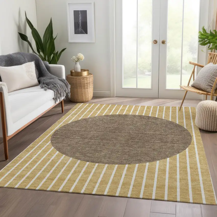 Wheat Ivory And Brown Striped Washable Area Rug With UV Protection Photo 5