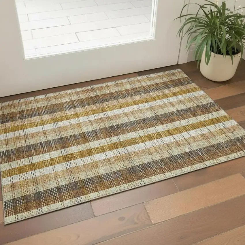Wheat Ivory And Copper Plaid Washable Area Rug With UV Protection Photo 2