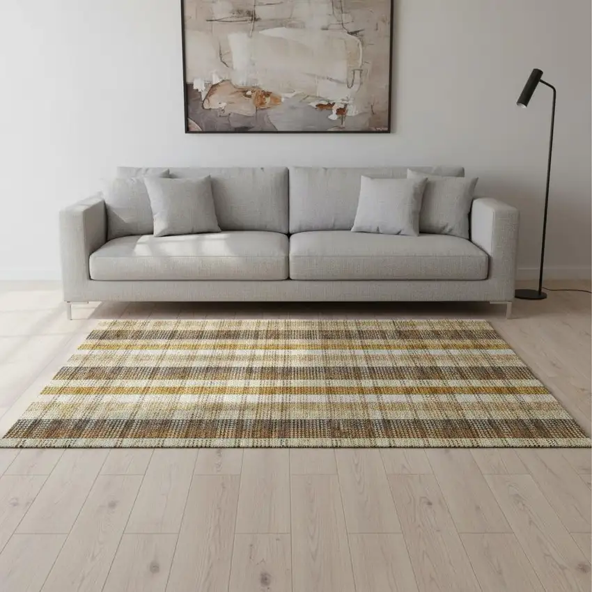 Wheat Ivory And Copper Plaid Washable Area Rug With UV Protection Photo 2
