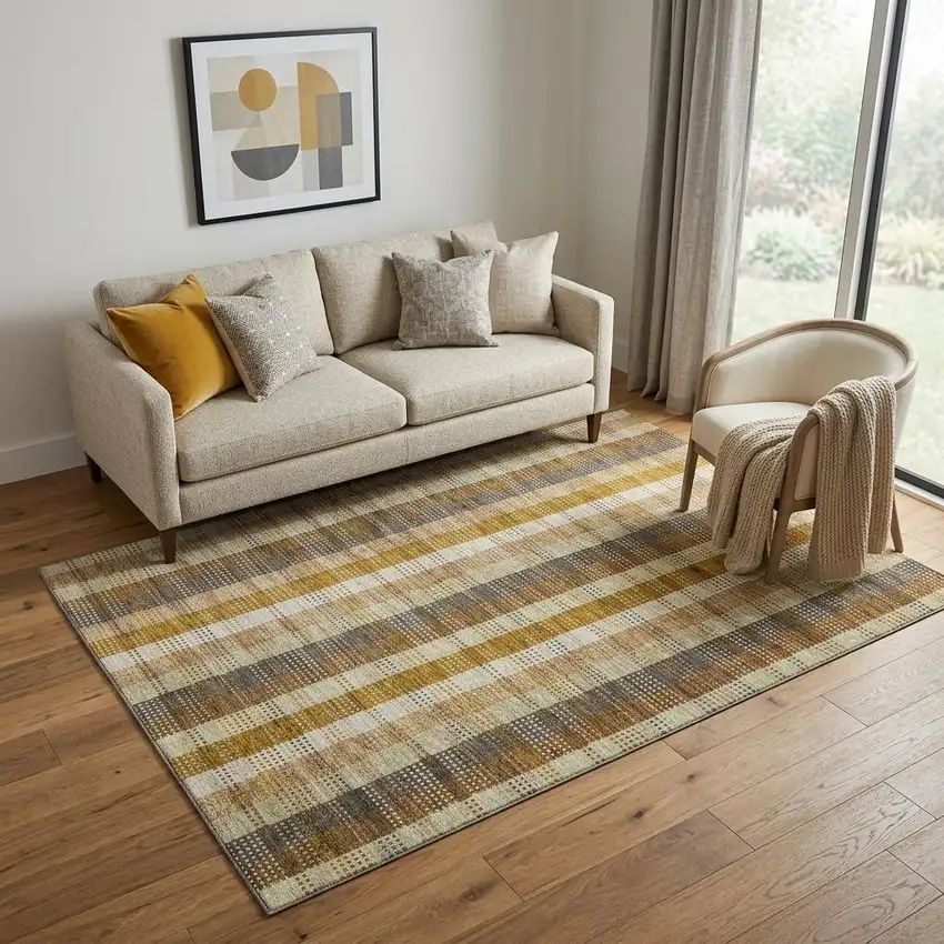 Wheat Ivory And Copper Plaid Washable Area Rug With UV Protection Photo 1