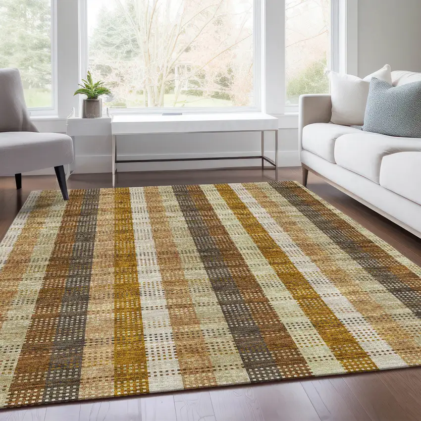 Wheat Ivory And Copper Plaid Washable Area Rug With UV Protection Photo 5