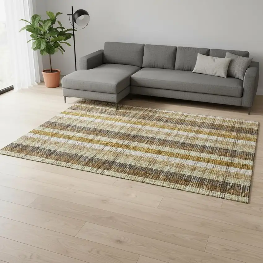 Wheat Ivory And Copper Plaid Washable Area Rug With UV Protection Photo 2