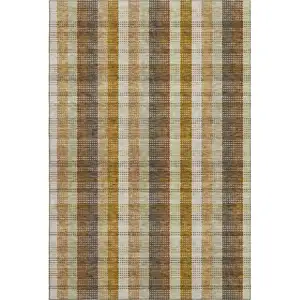 Photo of Wheat Ivory And Copper Plaid Washable Area Rug With UV Protection