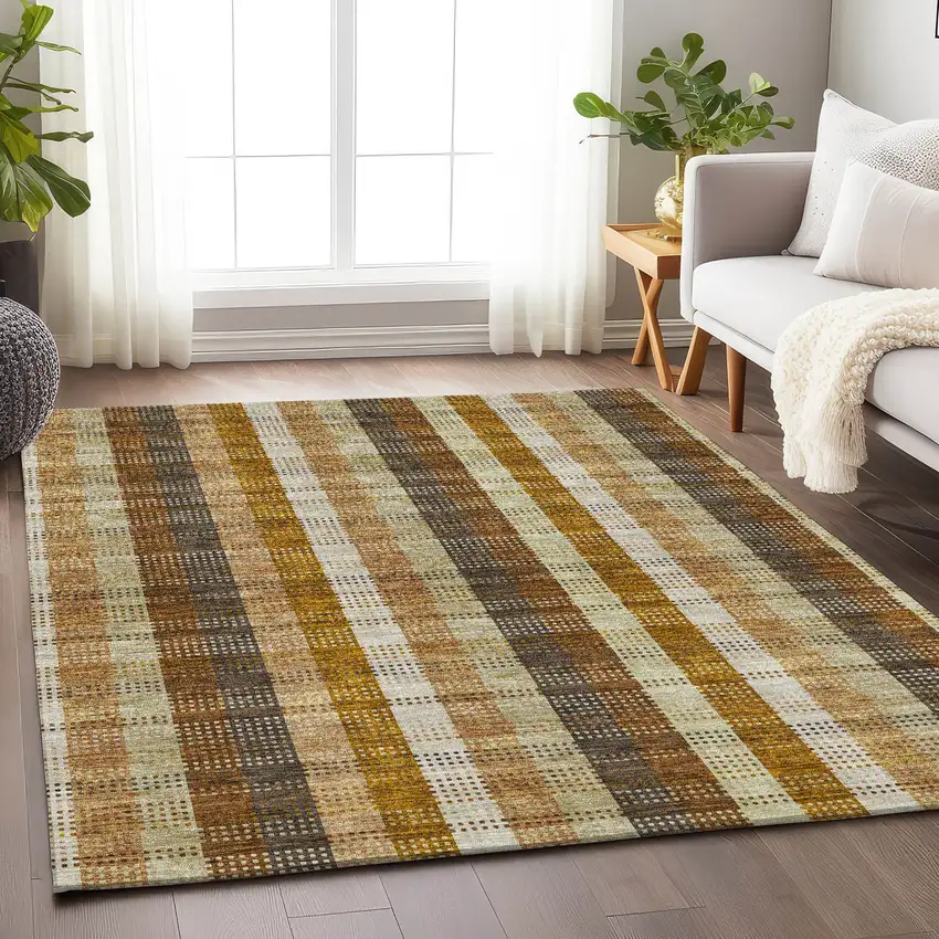 Wheat Ivory And Copper Plaid Washable Area Rug With UV Protection Photo 4