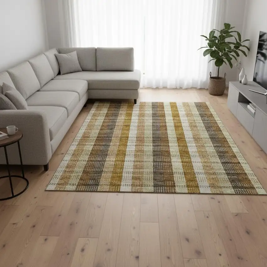 Wheat Ivory And Copper Plaid Washable Area Rug With UV Protection Photo 2