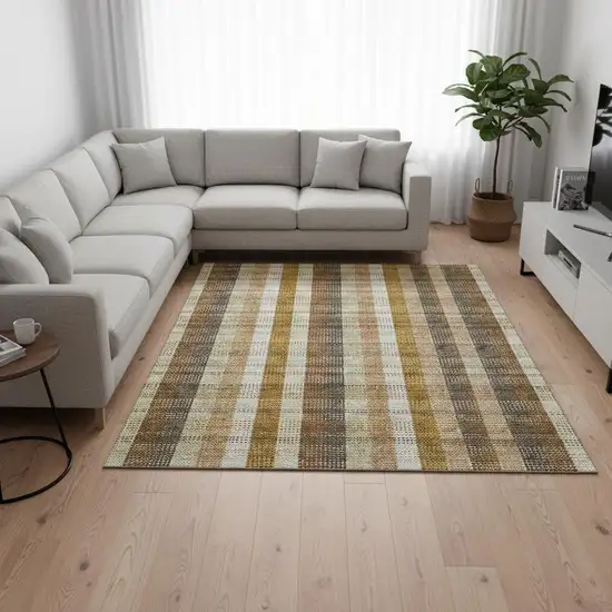 Wheat Ivory And Copper Plaid Washable Area Rug With UV Protection Photo 2