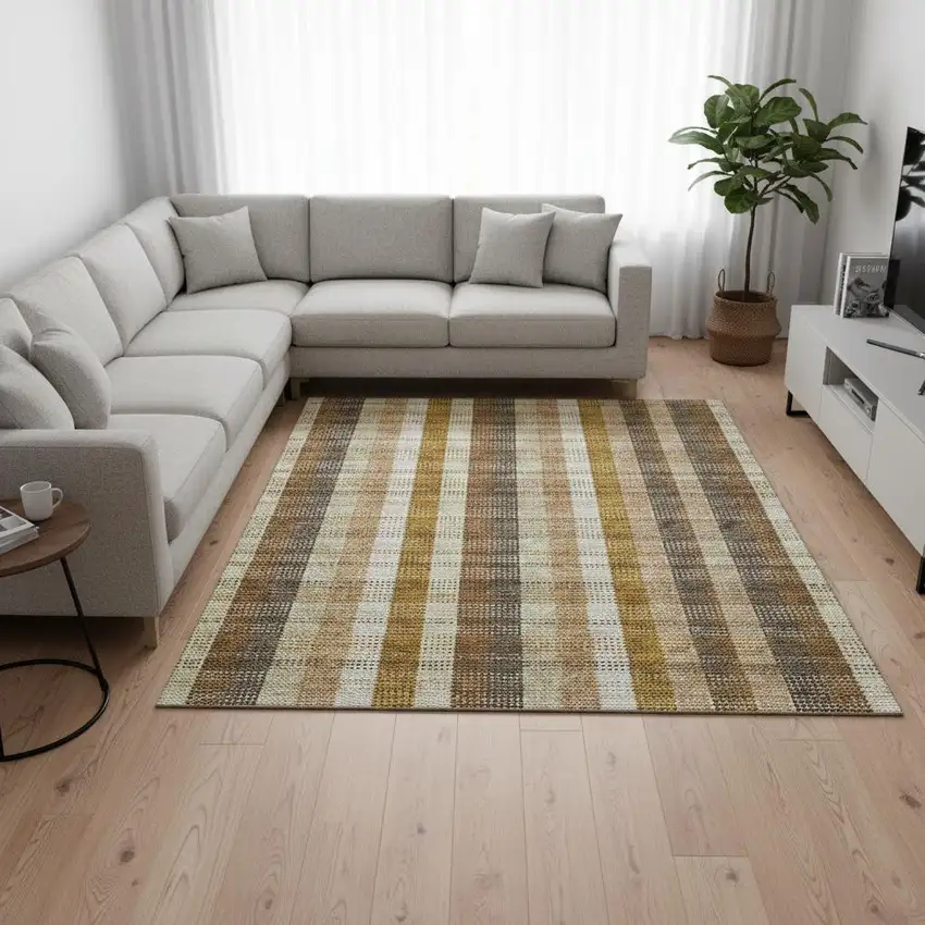 Wheat Ivory And Copper Plaid Washable Area Rug With UV Protection Photo 2